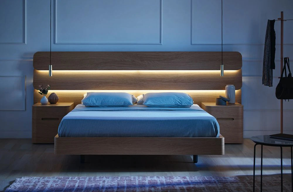 Mobenia Dodo Headboard in European Oak Finish with Matching Side Table and Coat Hanger in Bedroom Settings