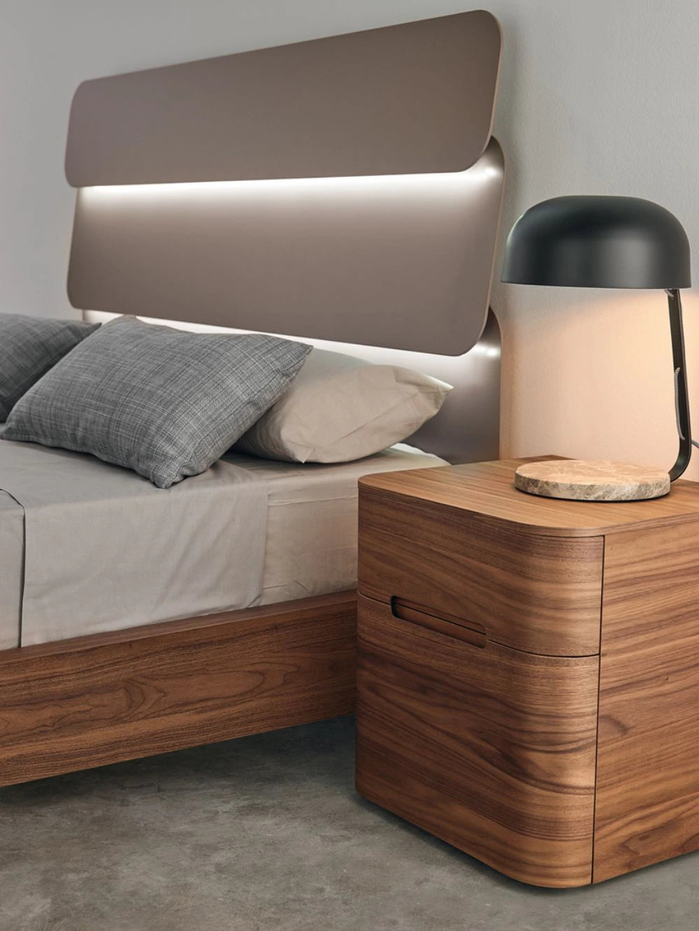 Mobenia Dodo Headboard in Lacquer Finish with Wooden Side Table in Bedroom Settings 2
