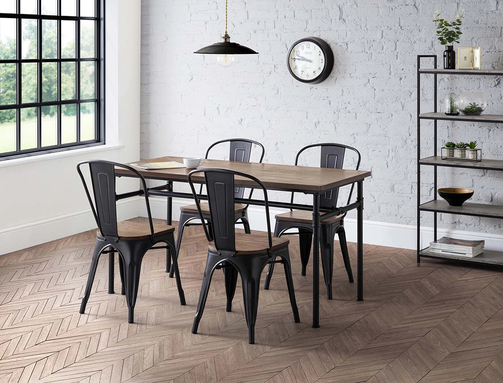 Naeve Industrial Dining Table in Wooden Top Finish with Black Chairs and Shelves in Breakout Setting
