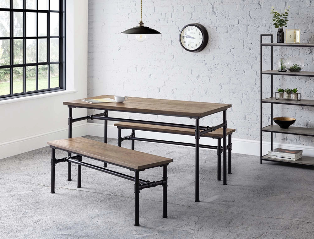 Naeve Industrial Dining Table in Wooden Top Finish with Two Benches and Shelves in Breakout Setting