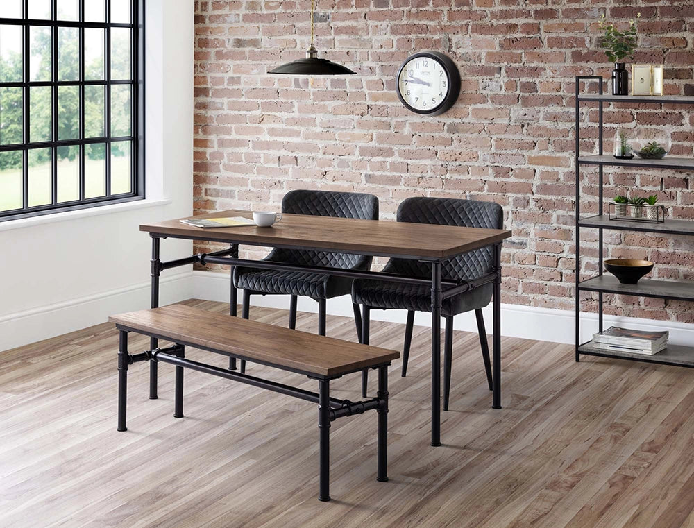 Naeve Industrial Dining Table in Wooden Top Finish with Wall Clock and Bench in Breakout Setting