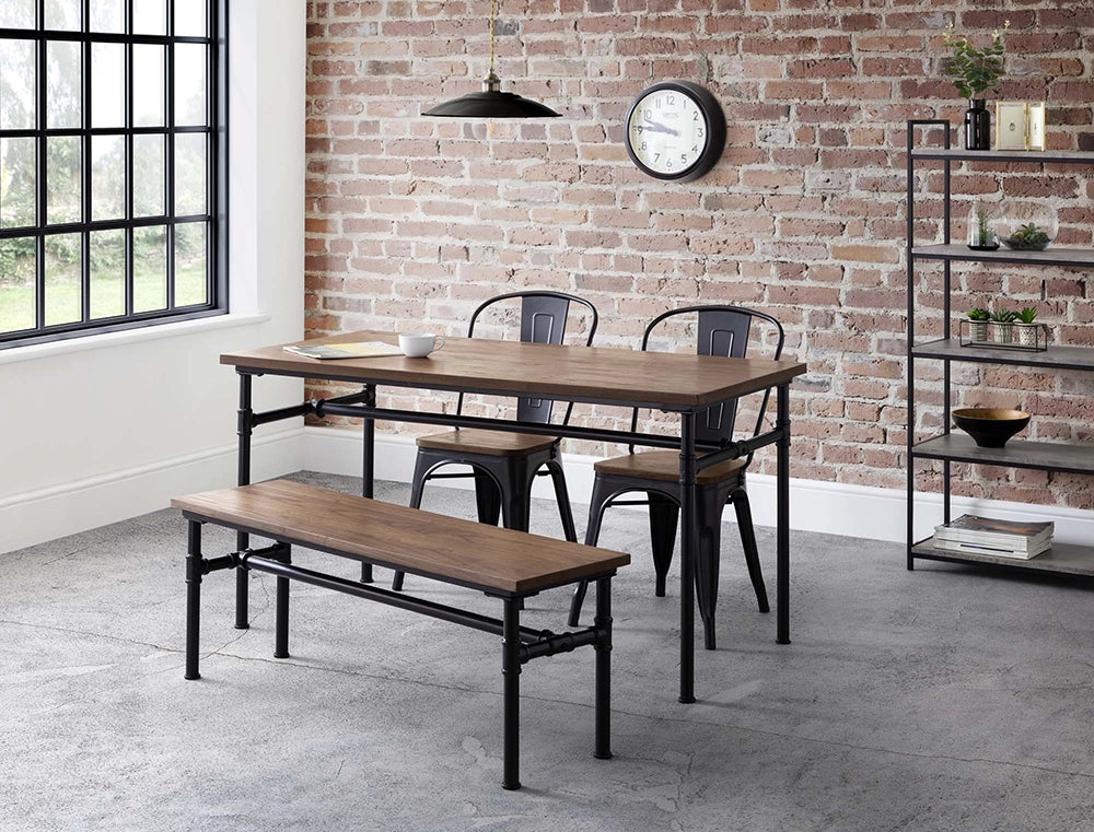 Naeve Industrial Dining Table in Wooden Top Finish with Wall Clock and Shelves in Breakout Setting