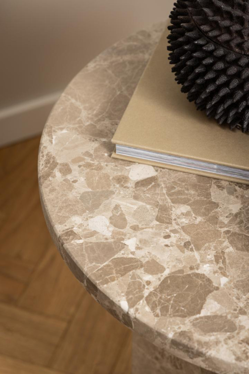 Naria Round Side Table Latte Top Zoom In Detail in Living Room Setting