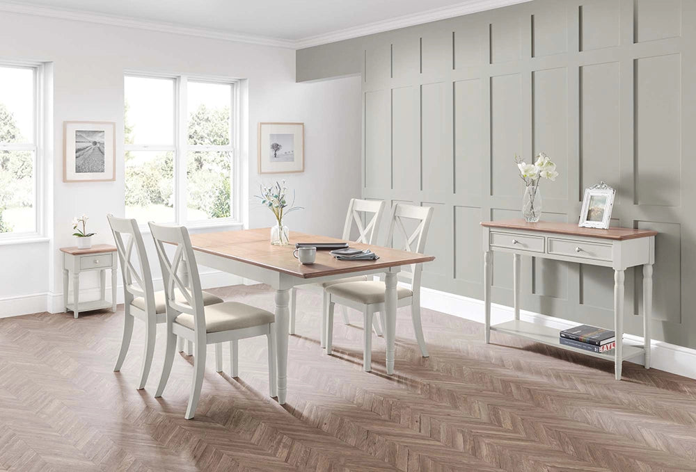 Nice Extending Dining Table in Wooden Top with Padded Chairs and Lamp Table in Breakout Setting 3