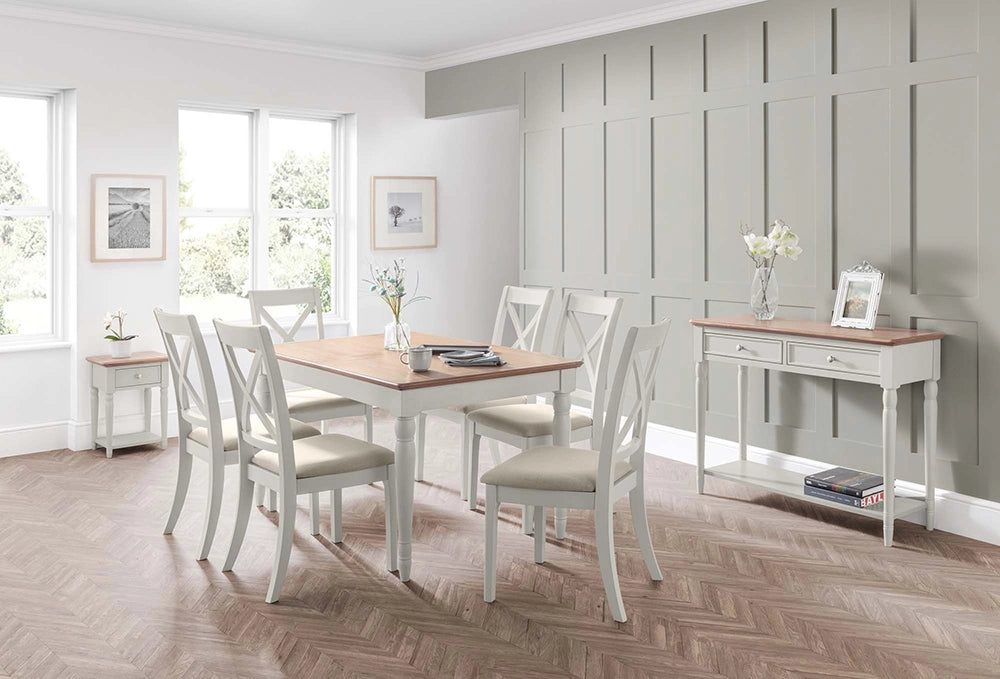 Nice Extending Dining Table in Wooden Top with Padded Chairs and Lamp Table in Breakout Setting 4