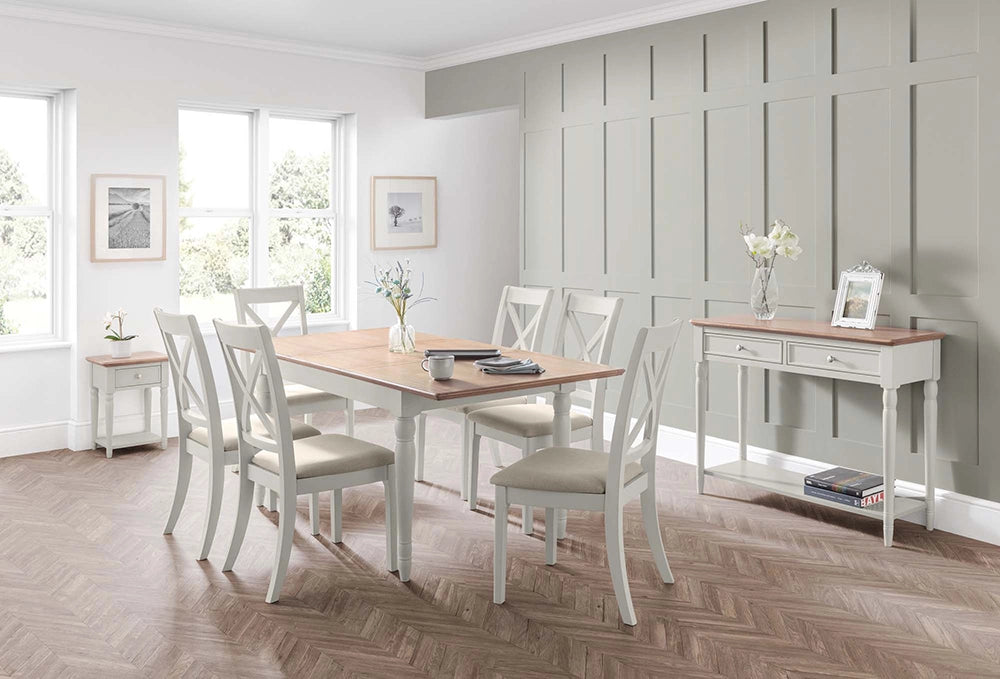 Nice Extending Dining Table in Wooden Top with Padded Chairs and Lamp Table in Breakout Setting 5