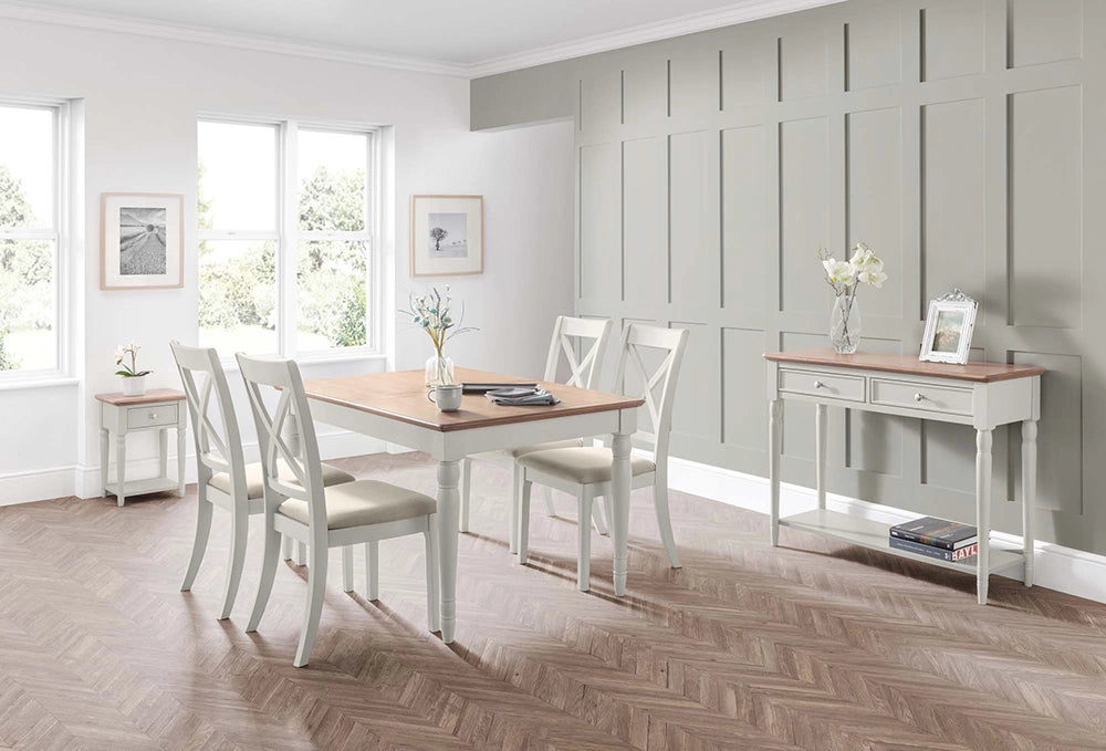 Nice Extending Dining Table in Wooden Top with Padded Chairs and Lamp Table in Breakout Setting