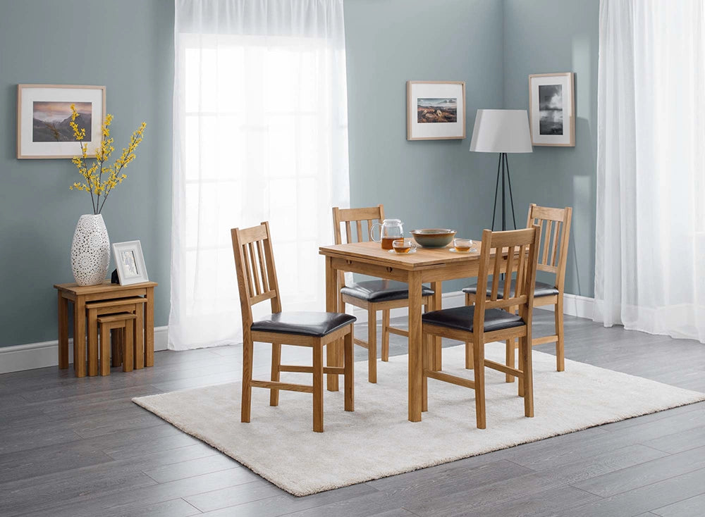 Orr Dining Chair in Oak Finish with Wooden Table and Standing Lamp in Living Room Setting