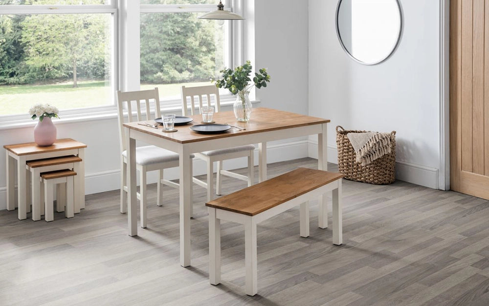 Orr Rectangular Dining Table 1180mm in Oak Finish with Nesting Tables and Wooden Bench in Dining Setting