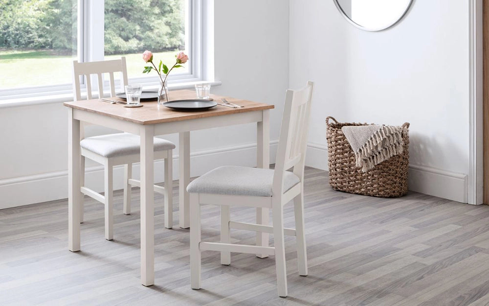 Orr Square Dining Table 750mm in Oak Finish with Padded Wooden Chair and Round Wall Mirror in Living Room Setting