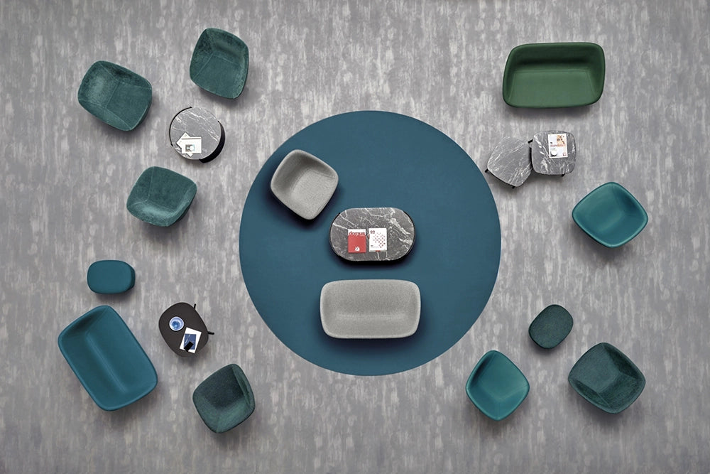 Parenthesis Coffee Table in Marble Top Finish with Lounge Sofa and Armchair in Reception Setting