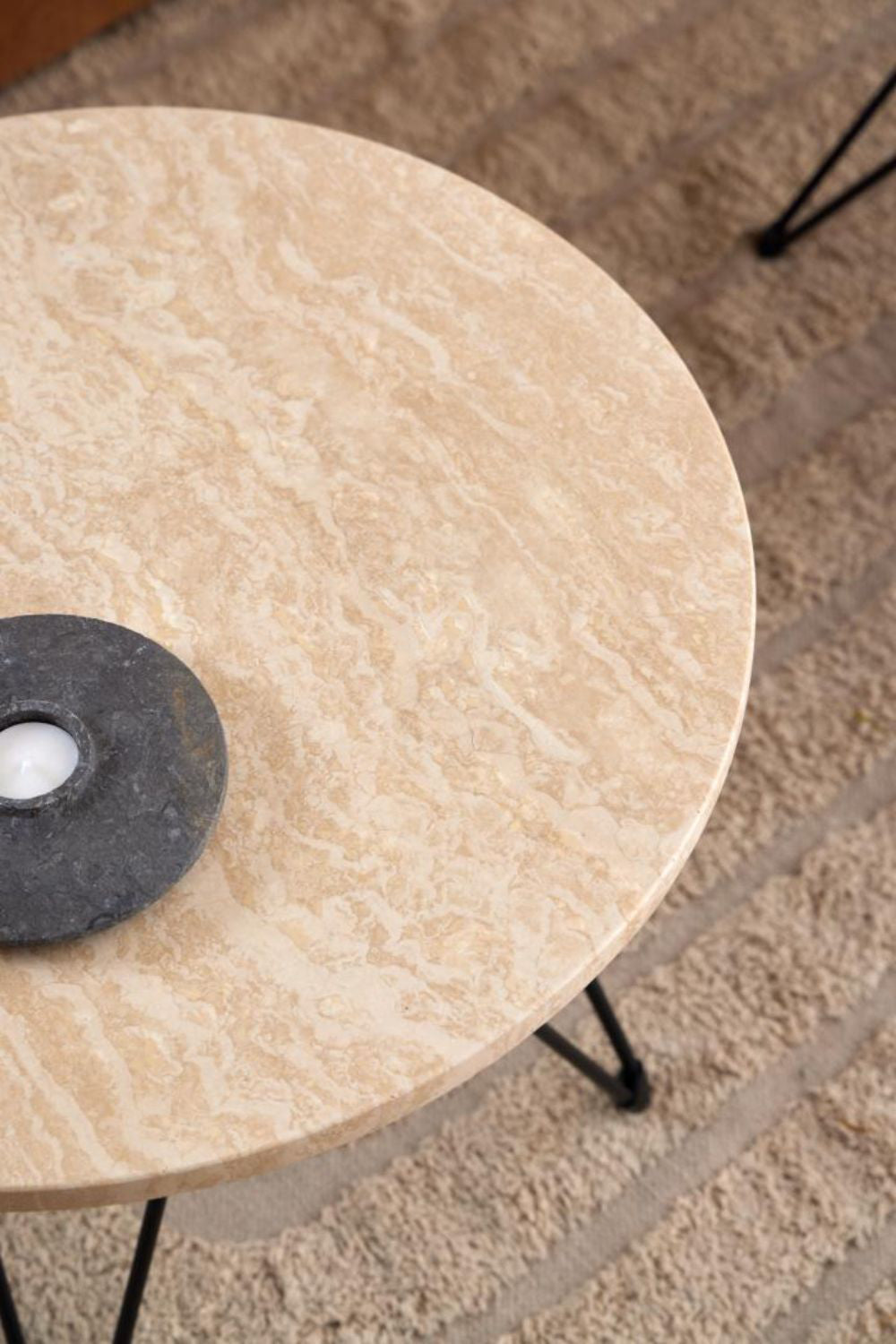 Penny Side Table in Beige and Black Finish with Floor Rug in Living Room Setting