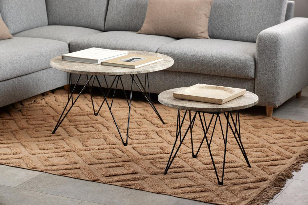 Penny Side Table in Grey and Black Finish with Modular Sofa and Floor Rug in Living Room Setting 2