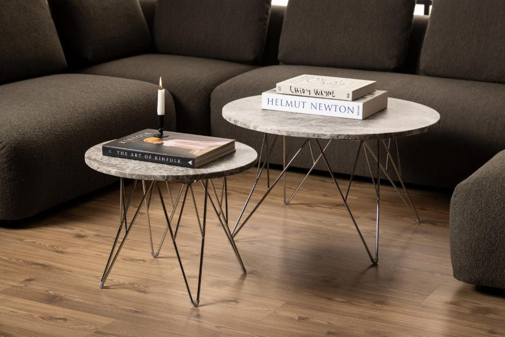 Penny Side Table in Grey and Chrome Finish with Modular Sofa and Floor Lamp in Living Room Setting 2