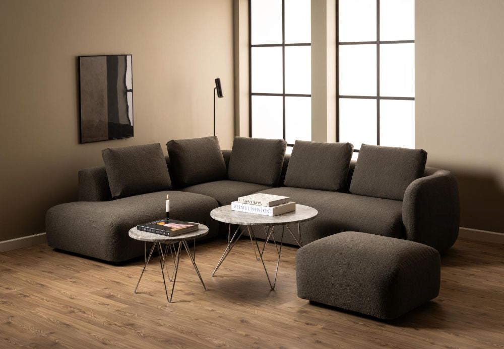 Penny Side Table in Grey and Chrome Finish with Modular Sofa and Floor Lamp in Living Room Setting