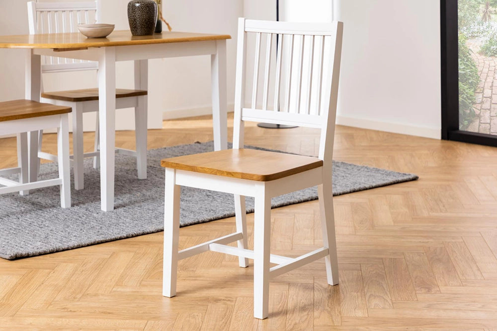 Perth Dining Chair in Matte Oak and White Finishes with Dining Table and Grey Finish Rug in Dining Setting