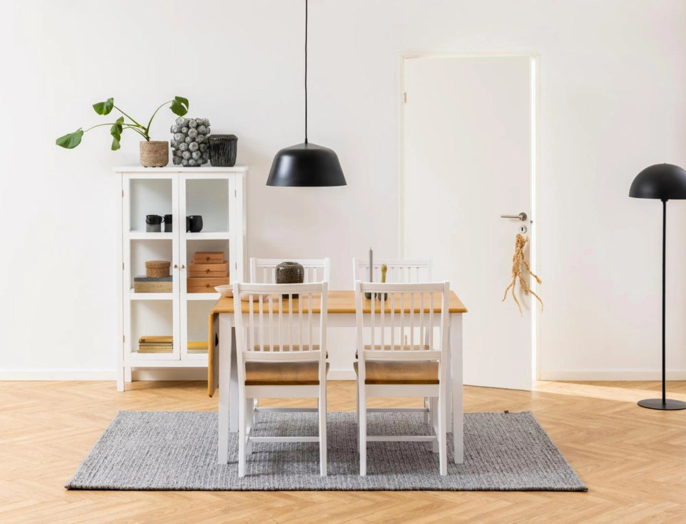 Perth Dining Chair in Matte Oak and White Finishes with Dining Table and Standing Lamp in Dining Setting