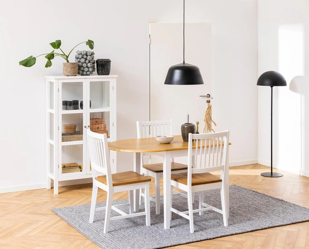 Perth Dining Chair in Matte Oak and White Finishes with Dining Table and Wooden Cabinet in Dining Setting