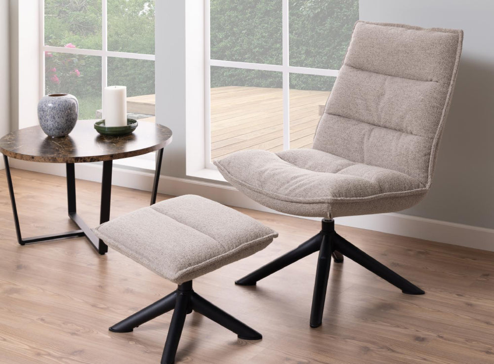 Ramble Round Coffee Table in Brown Marble Finish with Lounge Chair and Footrest and Living Room Setting