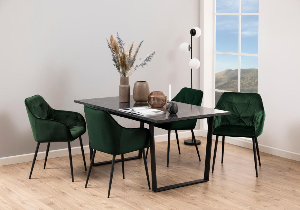Ramble Rectangular Dining Table Black Marble with Chairs and Vase in Living Room Setting