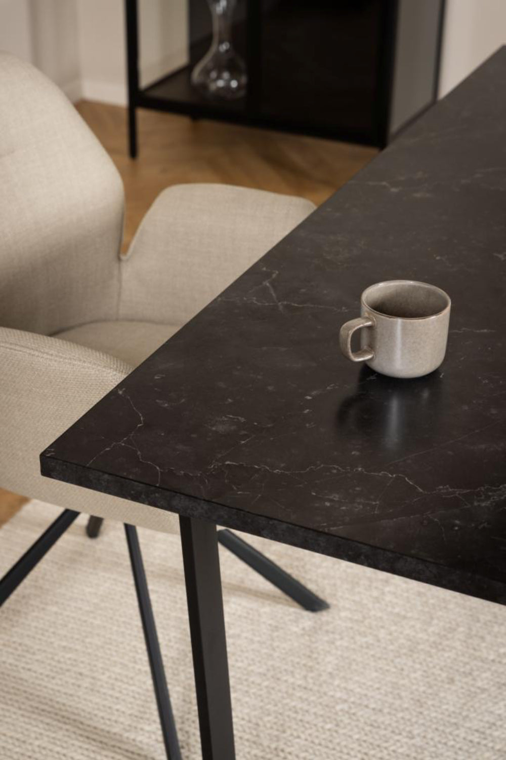 Ramble Rectangular Dining Table Black Marble with Cup and Chairs in Dining Setting