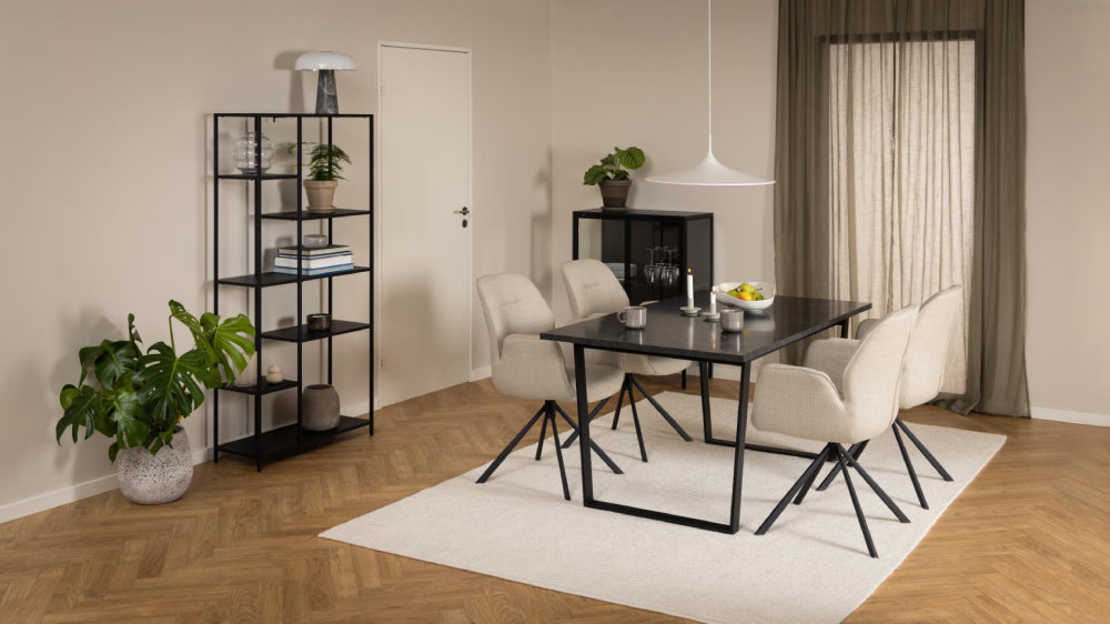 Ramble Rectangular Dining Table Black Marble with Shelves and Chairs in Dining Setting