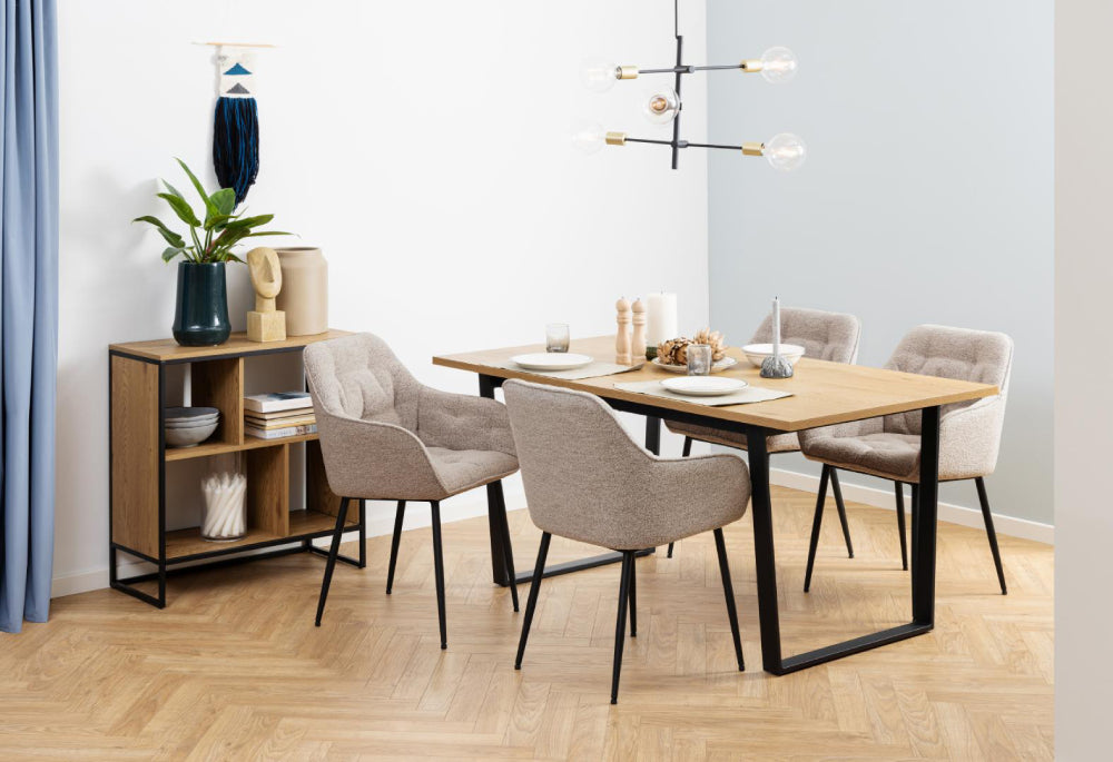 Ramble Rectangular Dining Table Wild Oak with Chairs and Bookshelves in Dining Setting