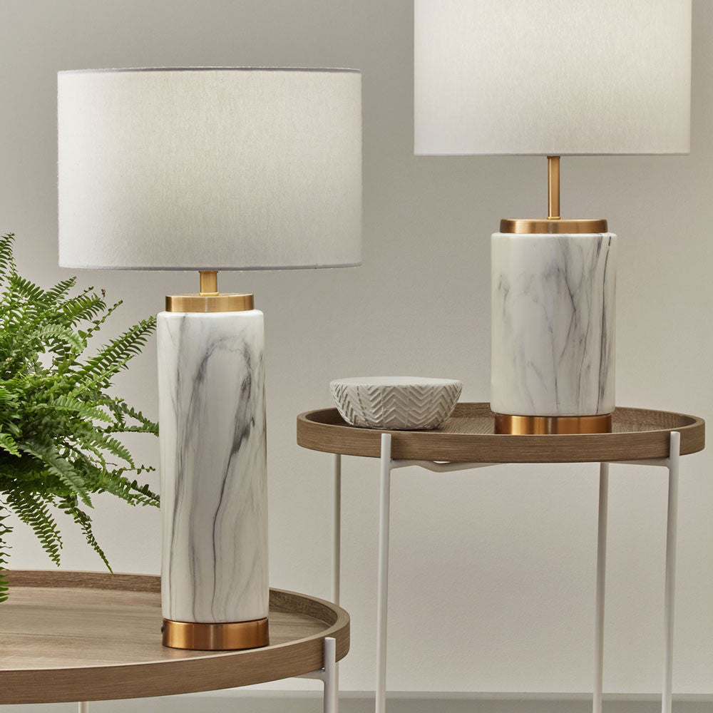 Raya Marble Effect and Brass Ceramic Table Lamp with Coffee Table and Indoor Plant