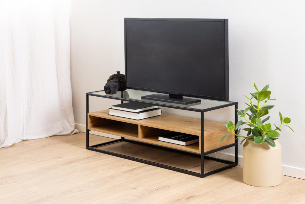 Reece Clear Glass Top Media Unit with Indoor Plant in Living Room Setting