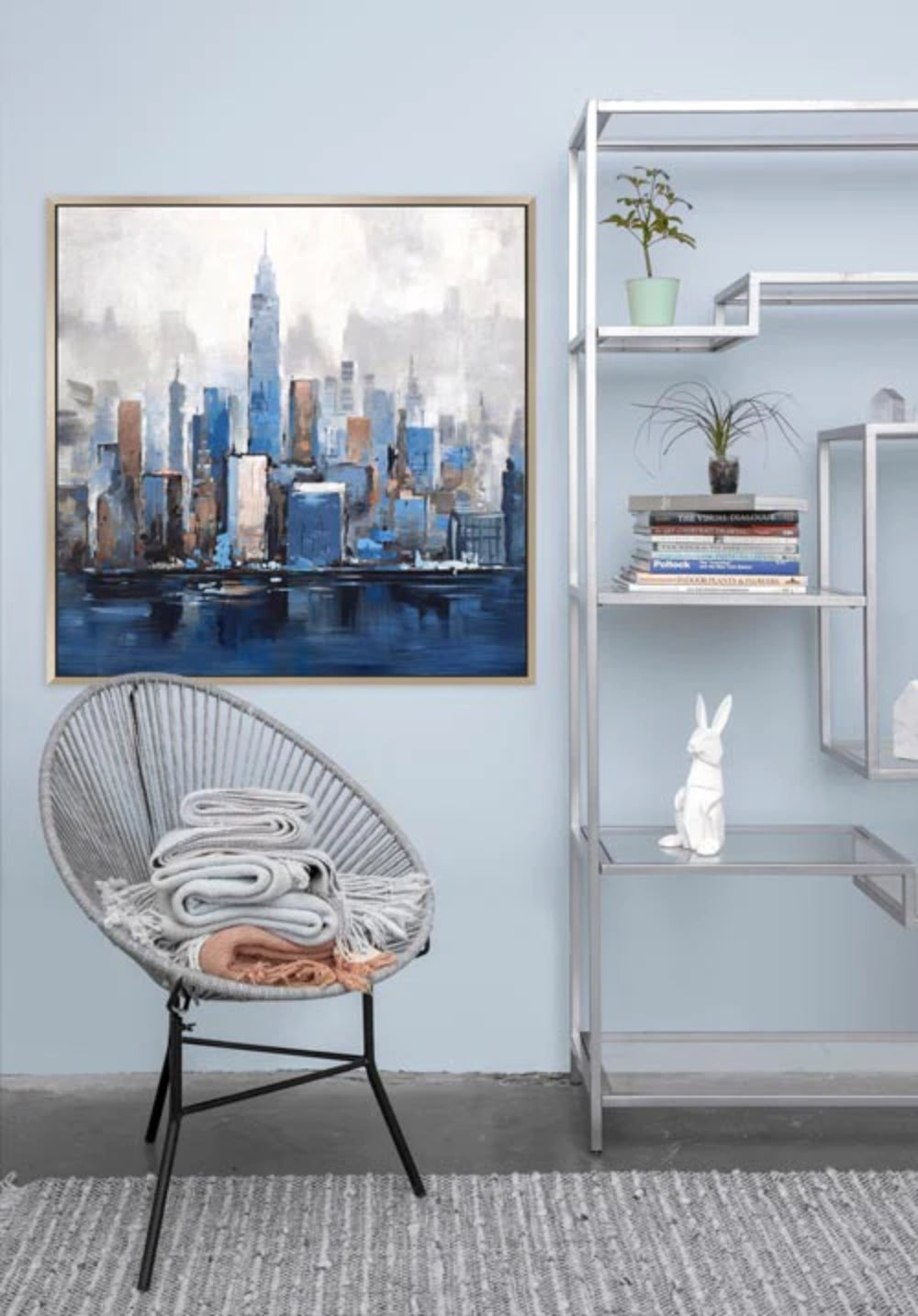 Regan Abstract Wall Art with Outdoor Chair and Indoor Plant in Living Room Setting