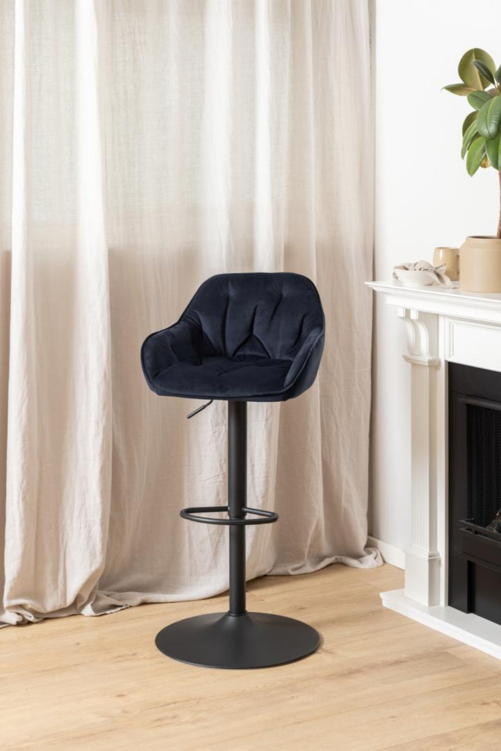 Rica Barstool with Footrest Midnight Blue in Living Room Setting