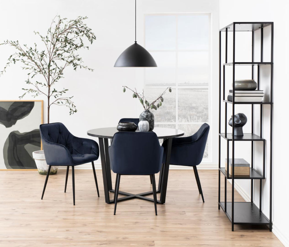 Rica Upholstered Dining Chair Midnight Blue with Round Table in Dining Setting