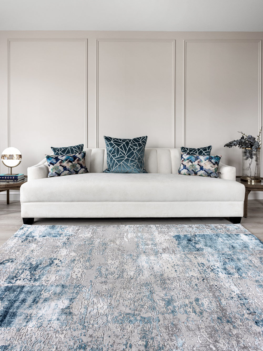 Riley Soft Rug in Blue Finish with Coffee Table and 3 Seater Sofa in Living Room Setting