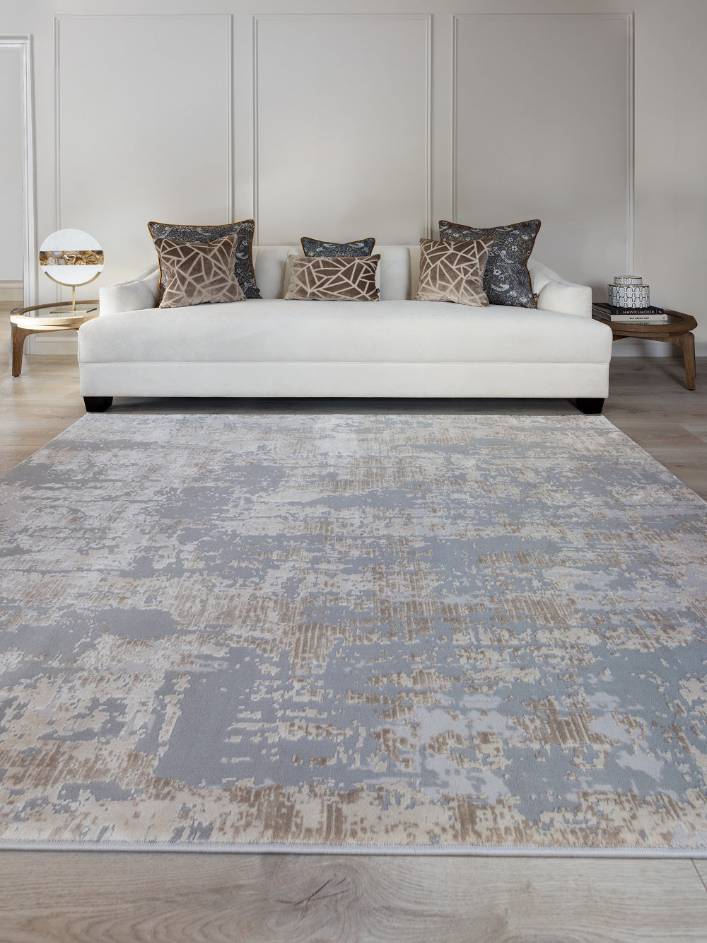 Riley Soft Rug in Brown Finish with 3 Seater Sofa and Coffee Table in Living Room Setting