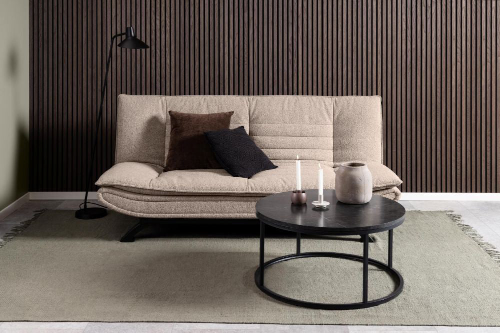 Riva Round Coffee Table Black Marble with Sofa Floor Lamp in Bedroom Setting