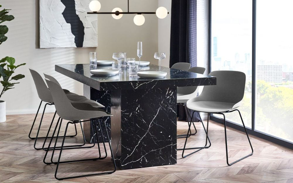 Ryker Marble Dining Table in Black Finish with Chair and Indoor Plant in Dining Setting 2