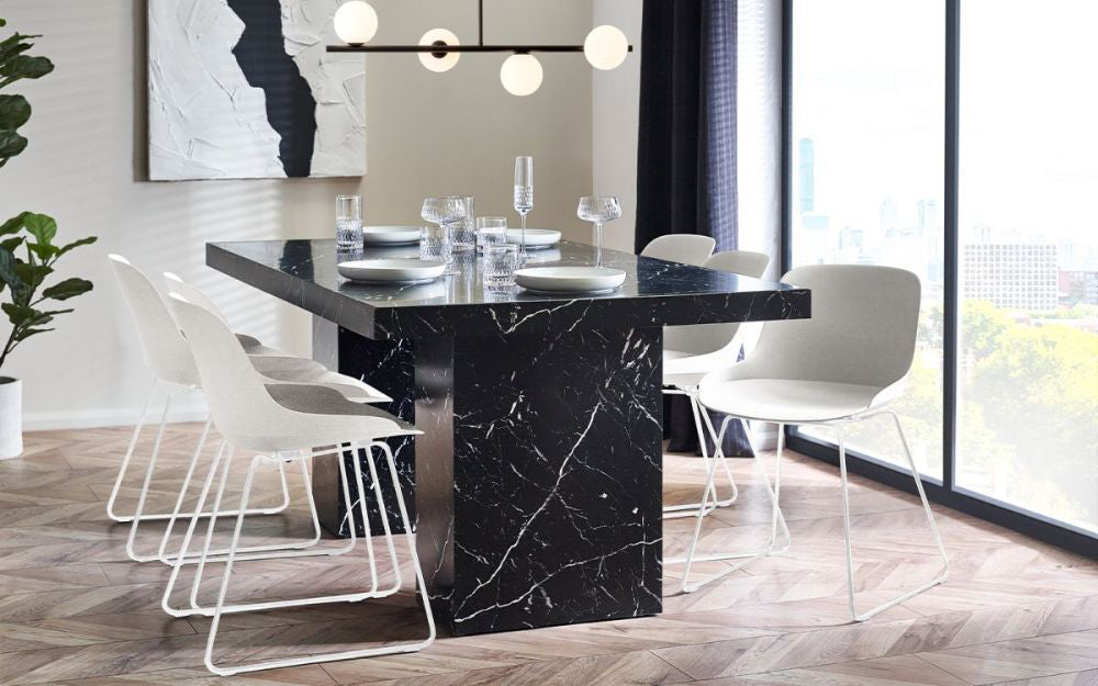 Ryker Marble Dining Table in Black Finish with Chair and Indoor Plant in Dining Setting 3