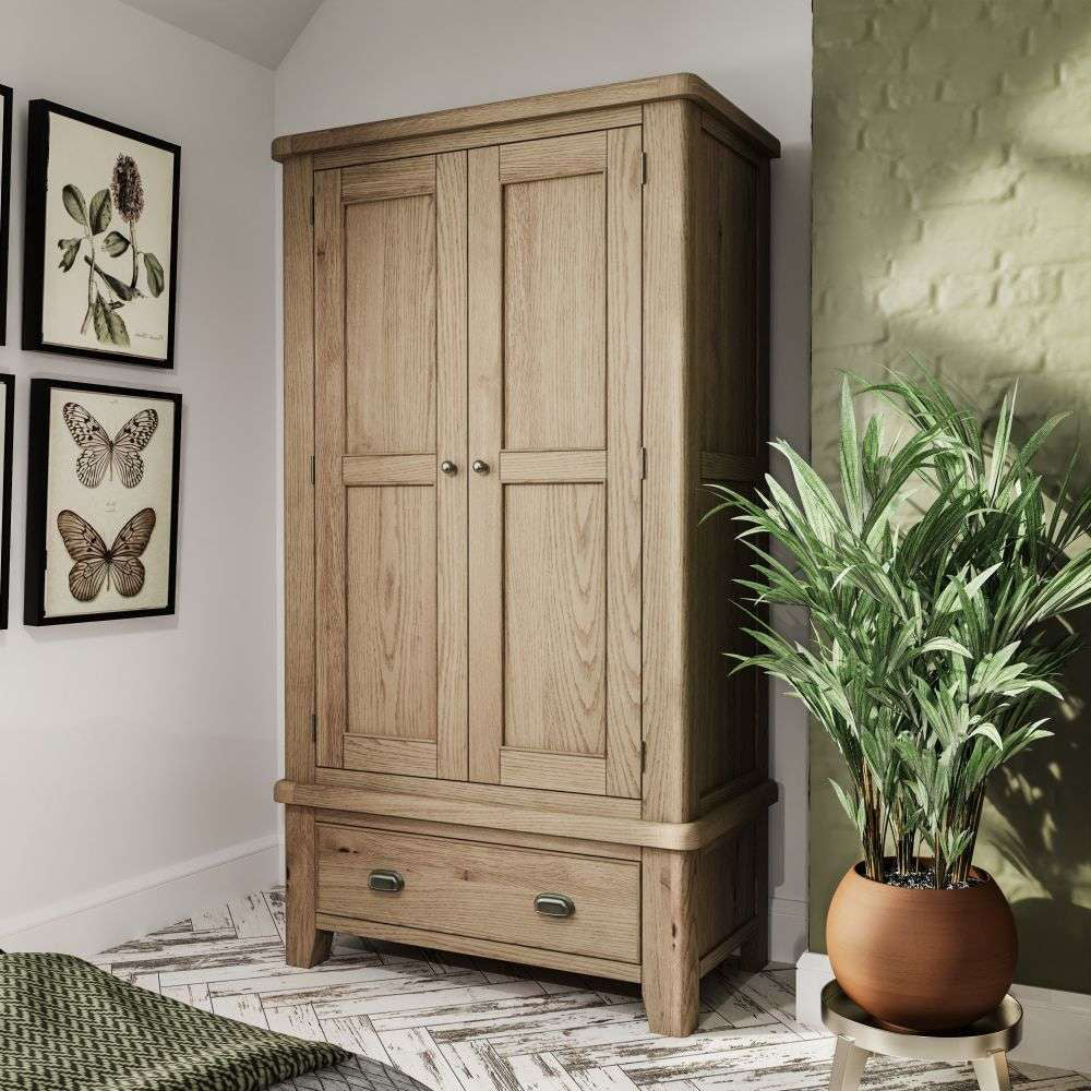 Sadie 2 Door Wardrobe in Smoked Oak Finish with Indoor Plant in Bedroom Setting