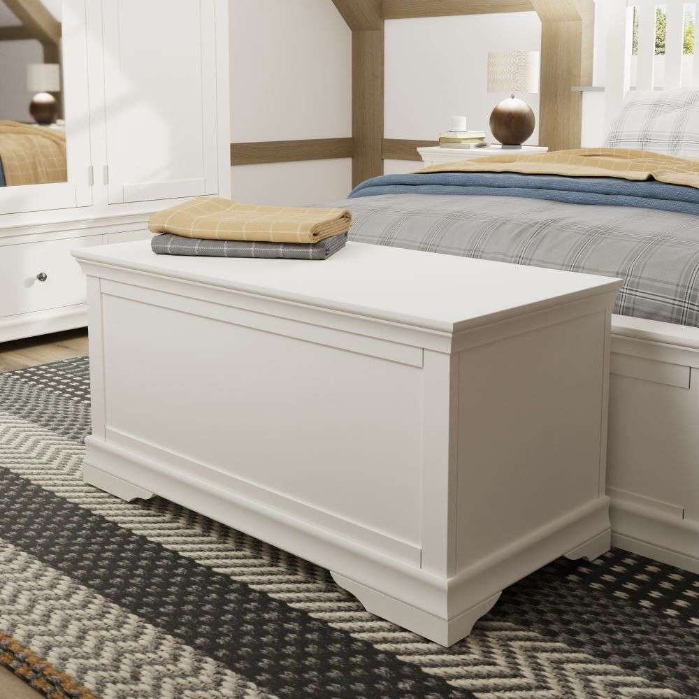 Scarlette Blanket Box in White Finish with Wardrobe in Bedroom Setting