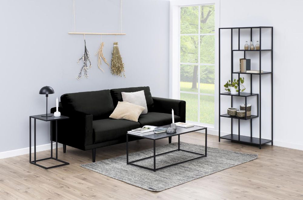 Seattle Coffee Table Black with Floor Rug and Sofa in Living Room Setting