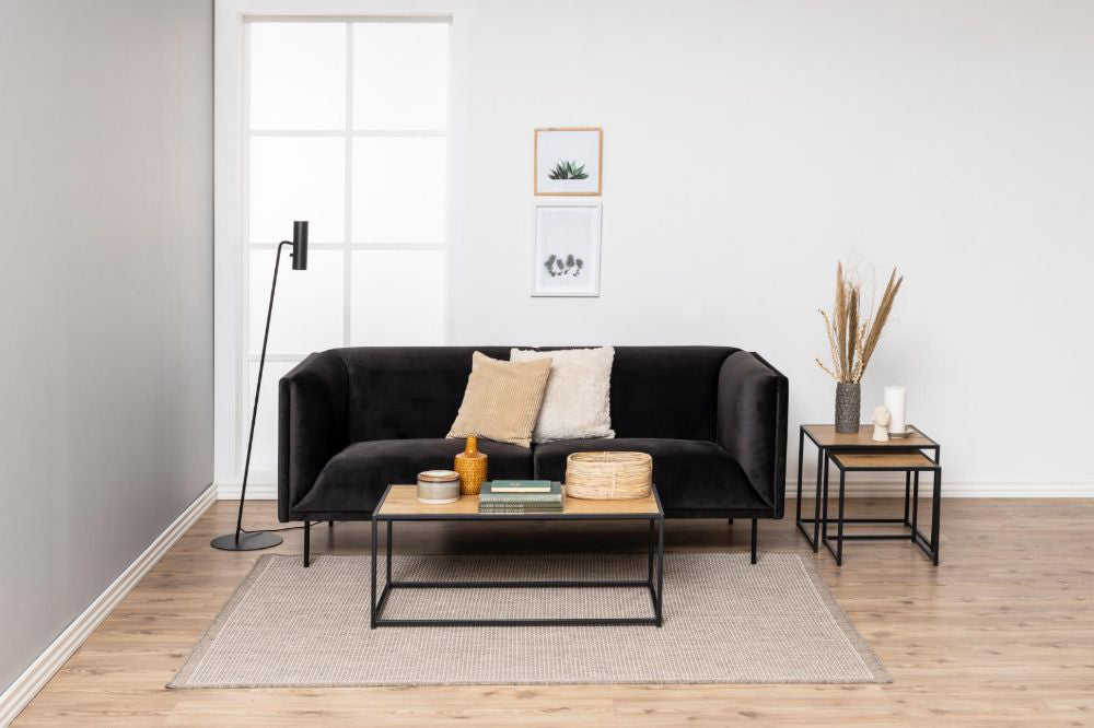 Seattle Coffee Table Oak and Black with Nesting Table and Sofa in Living Room Setting