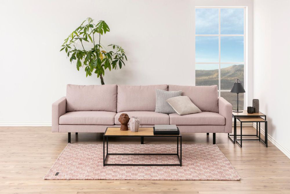 Seattle Coffee Table Oak and Black with Sofa and Lampshade in Living Room Setting