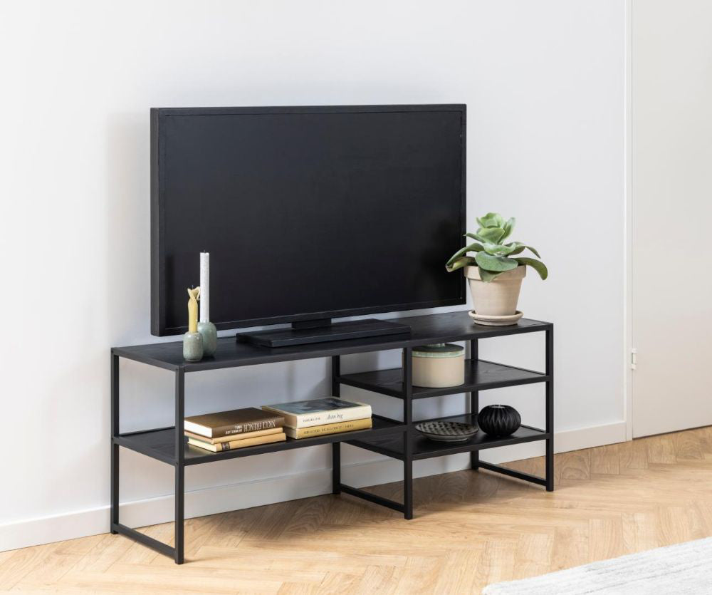 Seattle Media Unit Black with Indoor Plant and Books in Living Room Setting