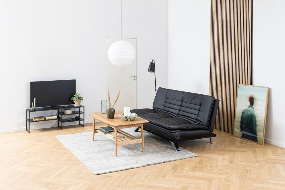 Seattle Media Unit Black with Sofa and Coffee Table in Living Room Setting