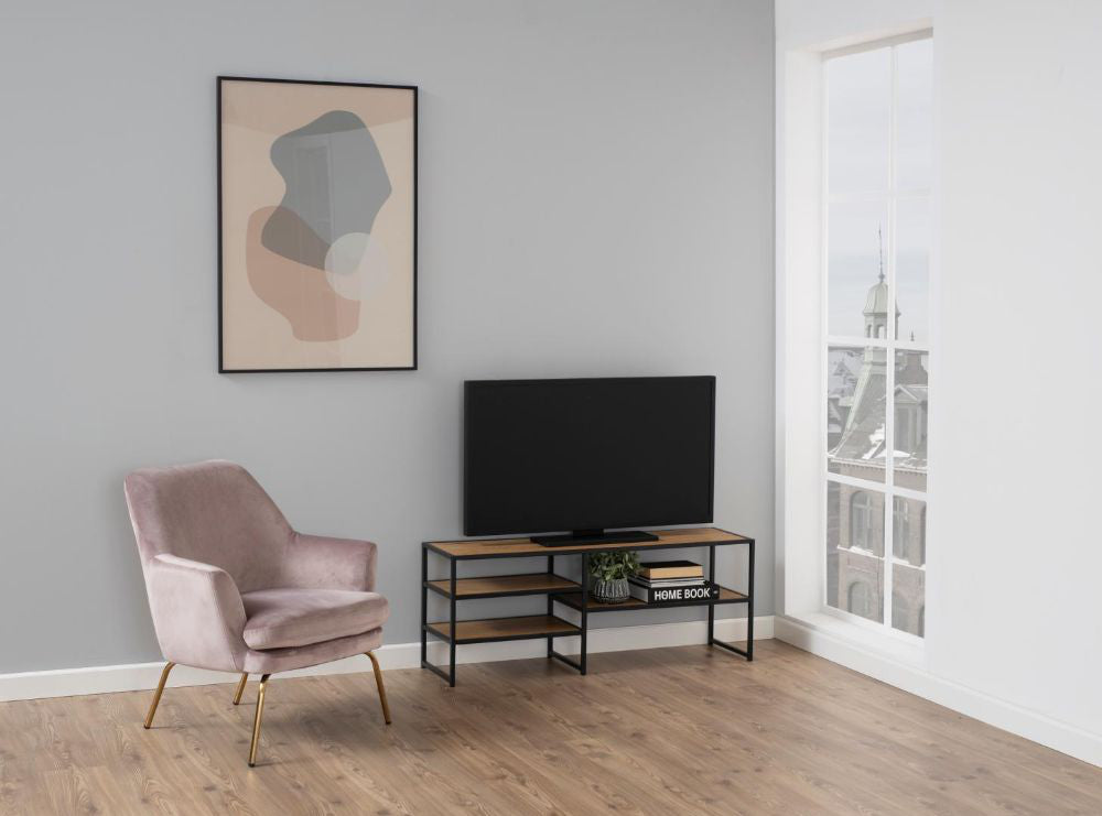 Seattle Media Unit Oak Black with Lounge Chair in Living Room Setting