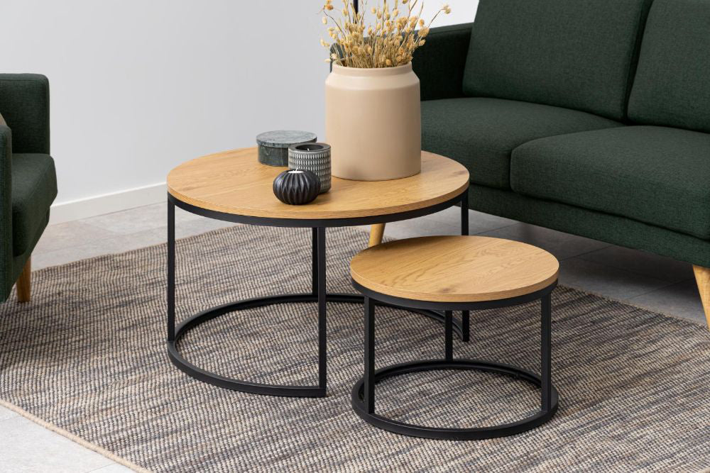 Siena Coffee Table Wild Oak with Sofa and Armchair in Living Room Setting