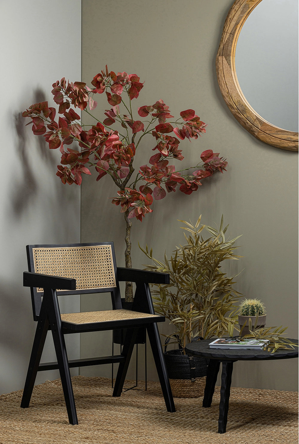 Sierra Dining Chair Black with Black Round Coffee Table and Indoor Plant in Black Pot in Living Room Setting