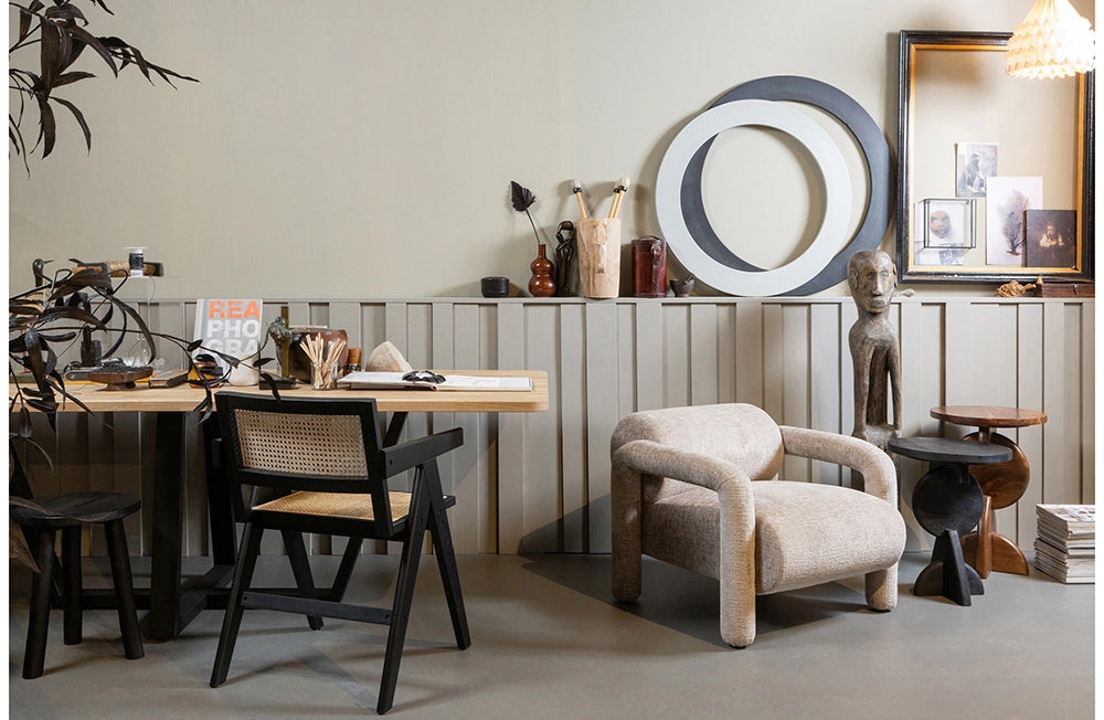 Sierra Dining Chair Black with Rectangular Wooden Table and Fabric Mini Sofa in Home Office Setting