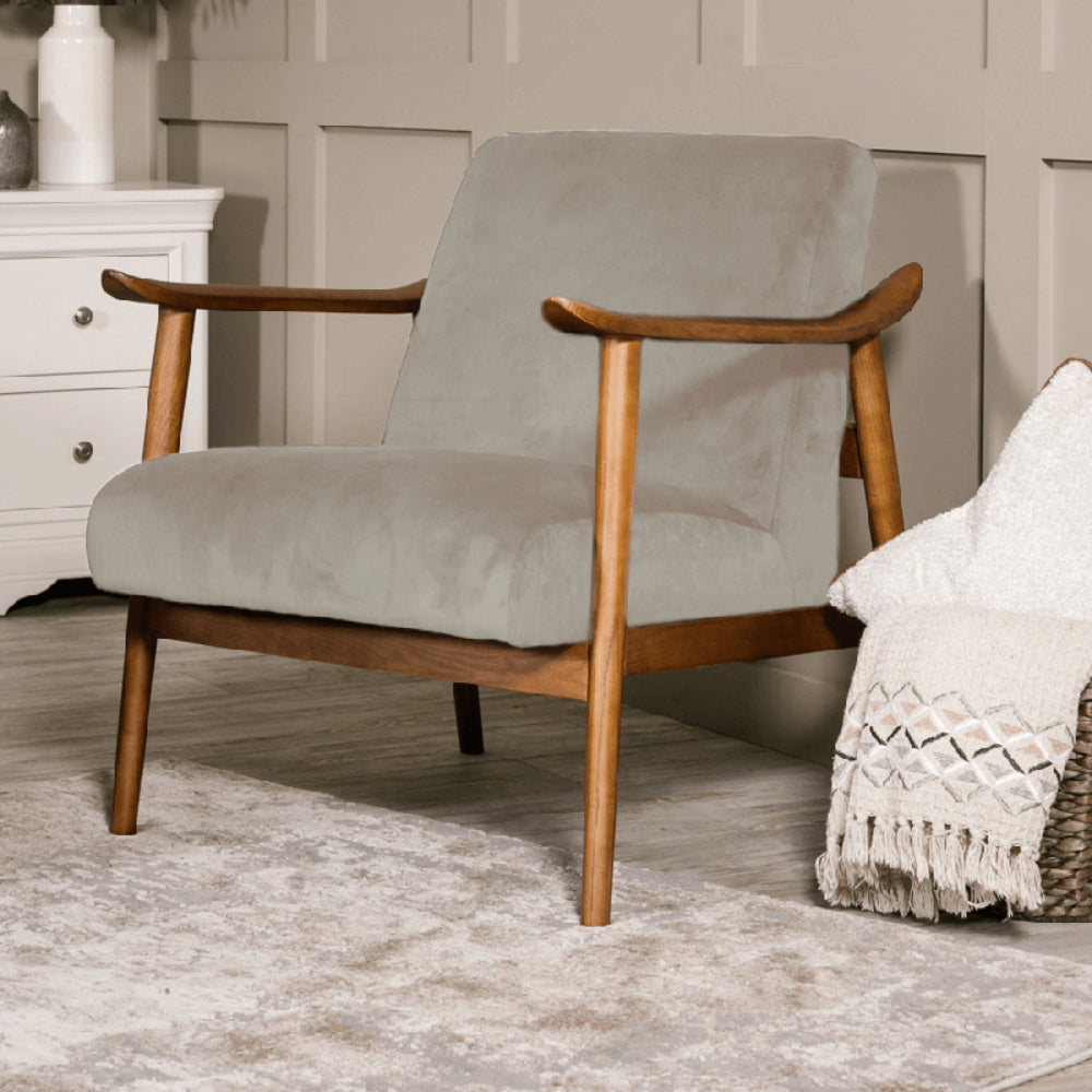 Skye Accent Chair Taupe in Wooden Legs with Carpet in Living Room Setting