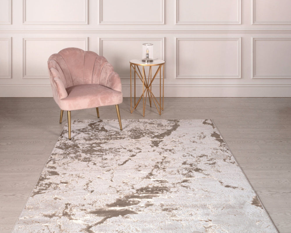 Skylar Metallic Floor Rug with Coffee Table and Lounge Chair in Living Room Setting